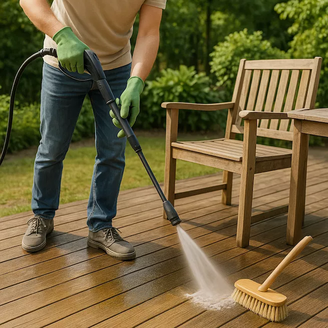 person rengör altanens trall och träutemöbler med en högtryckstvätt och borste